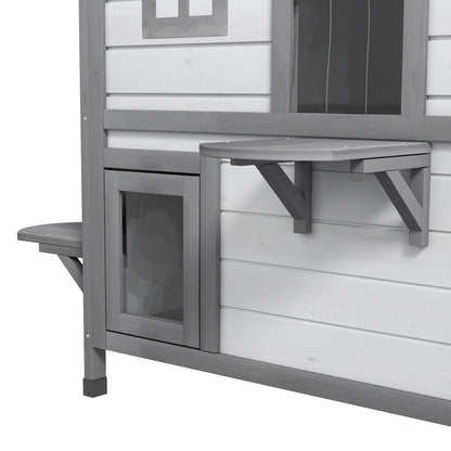 Wooden 2-Story Outdoor Cat House, Feral Cat Shelter Kitten Condo with Openable Asphalt Roof and 4 Platforms, White