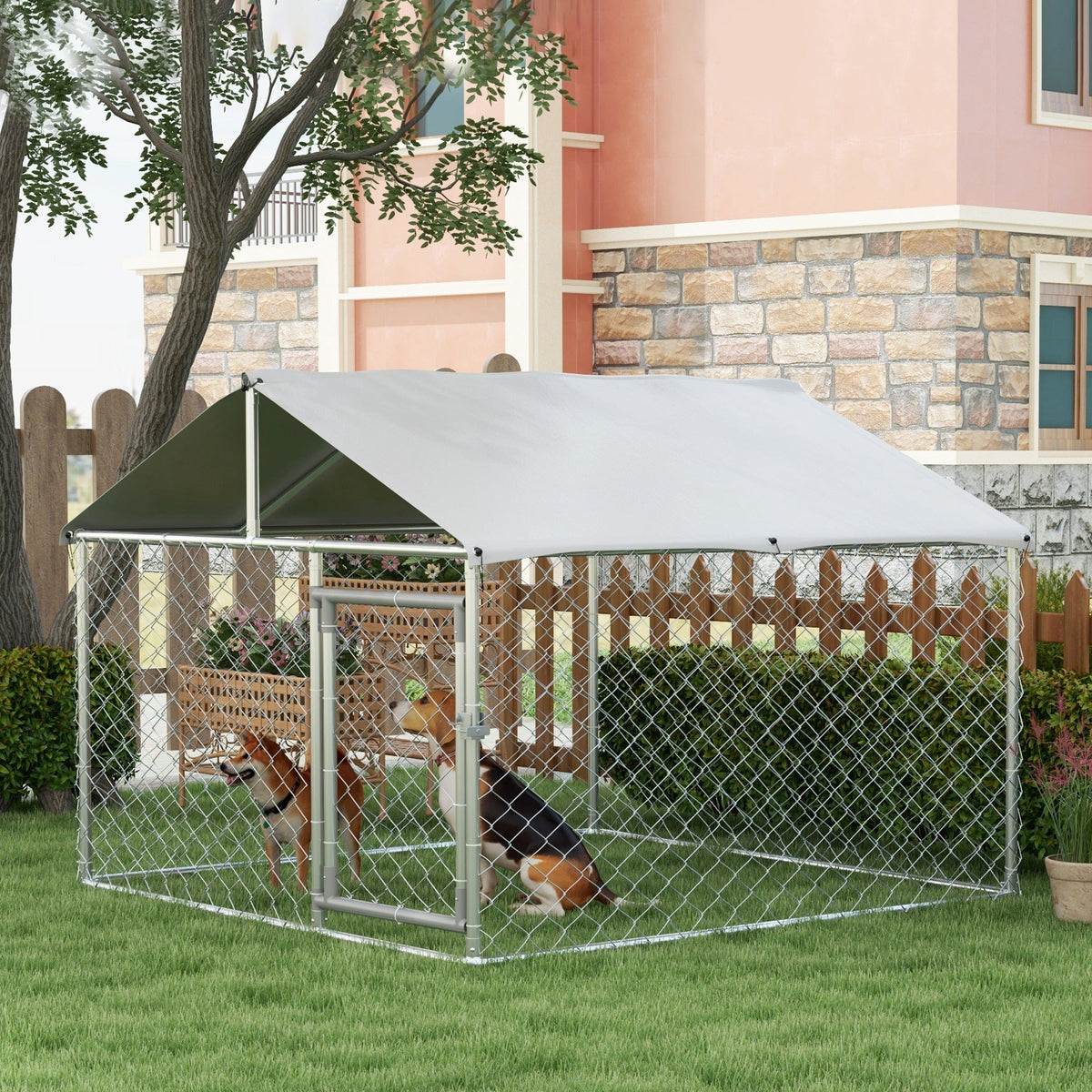 6.6 x 6.6 x 4.9 Dog Kennel Outdoor for Small Medium Dogs with Waterproof Roof, Silver