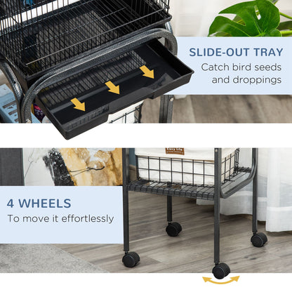 45-inch Metal Indoor Bird Cage, Parrot Cage, Bird Aviary with Detachable Rolling Stand, Storage Basket, and Accessories - Black