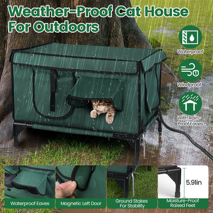 1Pc Waterproof Heated Cat House Outdoor Weatherproof Insulated Kitty Shelter Feral Cat Heating Bed With Heating Pad Anti-Chew Cord 2 Doors 3 Windows For Indoors Outdoors Winter Summer