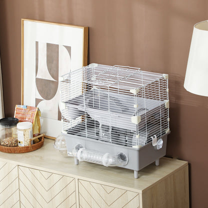 2-Tier Hamster Cage with Sand Bathroom, Running Wheel, Water Bottle, Tubes, Accessories, for Dwarf Hamster, Gray