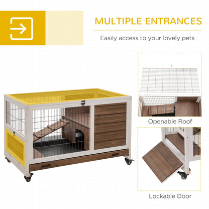Indoor Rabbit Enclosure, On Wheels, Indoor Bunny Cage Small Animal House With Pull Out Tray Casters Ramp, 35.5 X 21 X 23, Brown