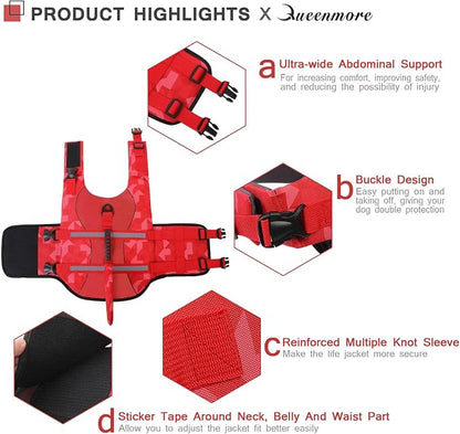 Shark Dog Life Jacket, LifeVests for Boating, High Buoyant Dog Life Vest for Swimming, Adjustable Easy On Pet Jackets for Small, Medium, Large Dogs (Red Triangle,XXL)