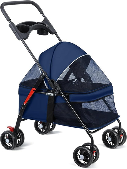 Pet Stroller 4 Wheels Dog Cat Stroller,Outdoor Trave Pet Folding Stroller,Foldable Dog Cat Cage Jogger Stroller with Cup Holder,Breathable and Visible Mesh for Medium Dogs Cats Blue