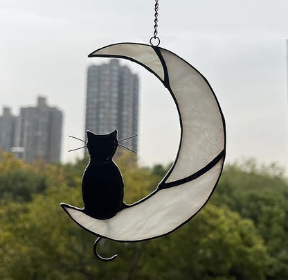 Black Cat Decor On White Moon Stained Glass Window Hanging Suncatcher for Windows Panels Sun Catcher Halloween Ornament Decoration Memorial Gift for Lover Cat Loss