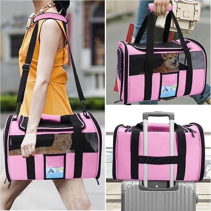 Refrze Pet Carrier Airline Approved, Cat Carriers for Medium Small Cats, Soft Dog Carriers for Dogs, TSA Approved Pet Carrier for Cats Dogs of 15 Lbs, Puppy Carrier,Pink