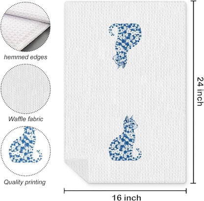 Blue Floral Cat Kitchen Towels, Cat Lovers Mom Lady Gifts Hand Towels for Bathroom, Kitty Kitten Dish Tea Towels for Kitchen Decor, 16x24 Inch