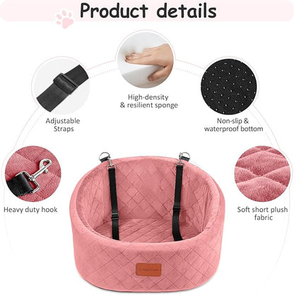 Dog Car Seat for Small Dogs Up to 30 Lbs,Ultra Soft Fabric Fill in Comfy Memory Foam,Happy Pet Ride,2 Safety Dog Leashes,Fully Detachable and Washable,Anti Slip Base(Pink)