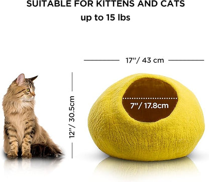 Luxurious Merino Wool Cat Cave - Foldable Hideaway Pod for Indoor Cats - Premium Felt Kitten Pet Enclosure - Covered Cat House for Ultimate Cozy Comfort by Woolygon (Yellow Plain)