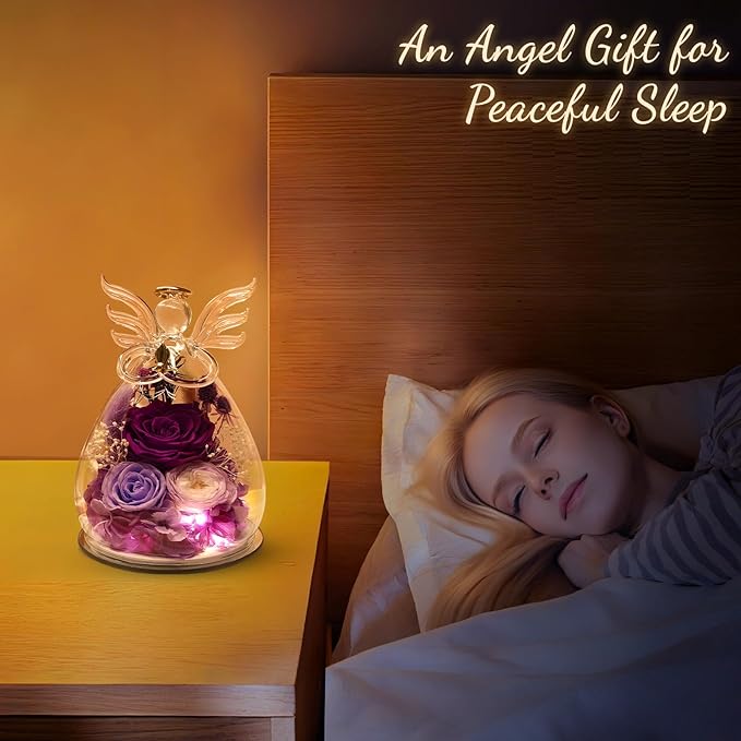 Gifts for Women, Christmas Decorations Flowers for Delivery Fresh Bouquet Forever Preserved Flowers Real Rose Angel Figurine Glass, Xmas Decor Gifts for Mom Grandma Wife Sister, Purple