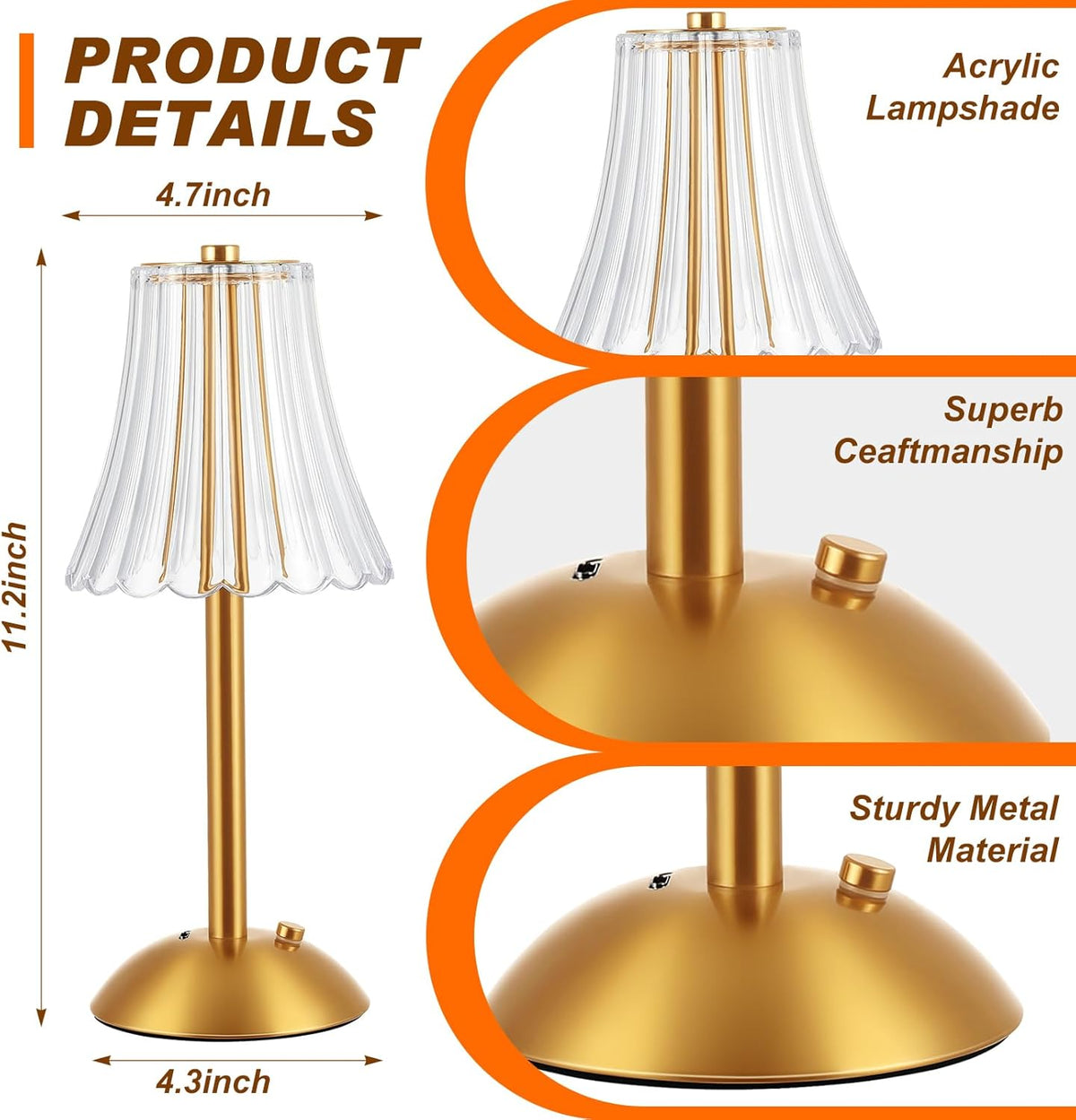 Liliful 4 Pcs LED Portable Cordless Table Lamp Touch Battery Operated Rechargeable Desk Lamp 3 Color Dimmable for Bedroom Living Room Dining (Rose Style,Gold)