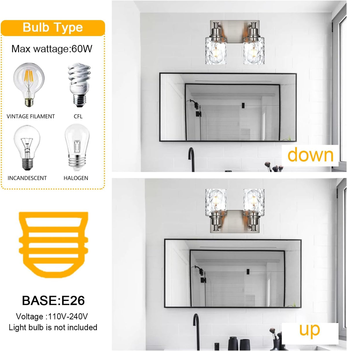 BONLICHT Modern Bathroom Light Fixtures in Brushed Nickel Finish, 2 Light Industrial Indoor Wall Sconce Farmhouse Vanity Lighting Over Mirror with Hammered Glass Contemporary Hallway Wall Mount Lamp