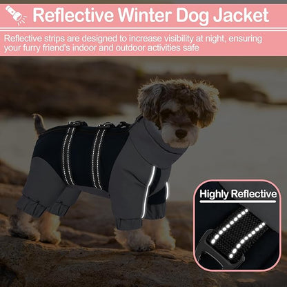 KOESON Four Legged Winter Coat, Warm Small Dog Jacket with Adjustable Buckles, Turtleneck Windproof Dog Fleece Jackets Reflective Fullbody Snowsuit Puffer Coat Blue Grey S