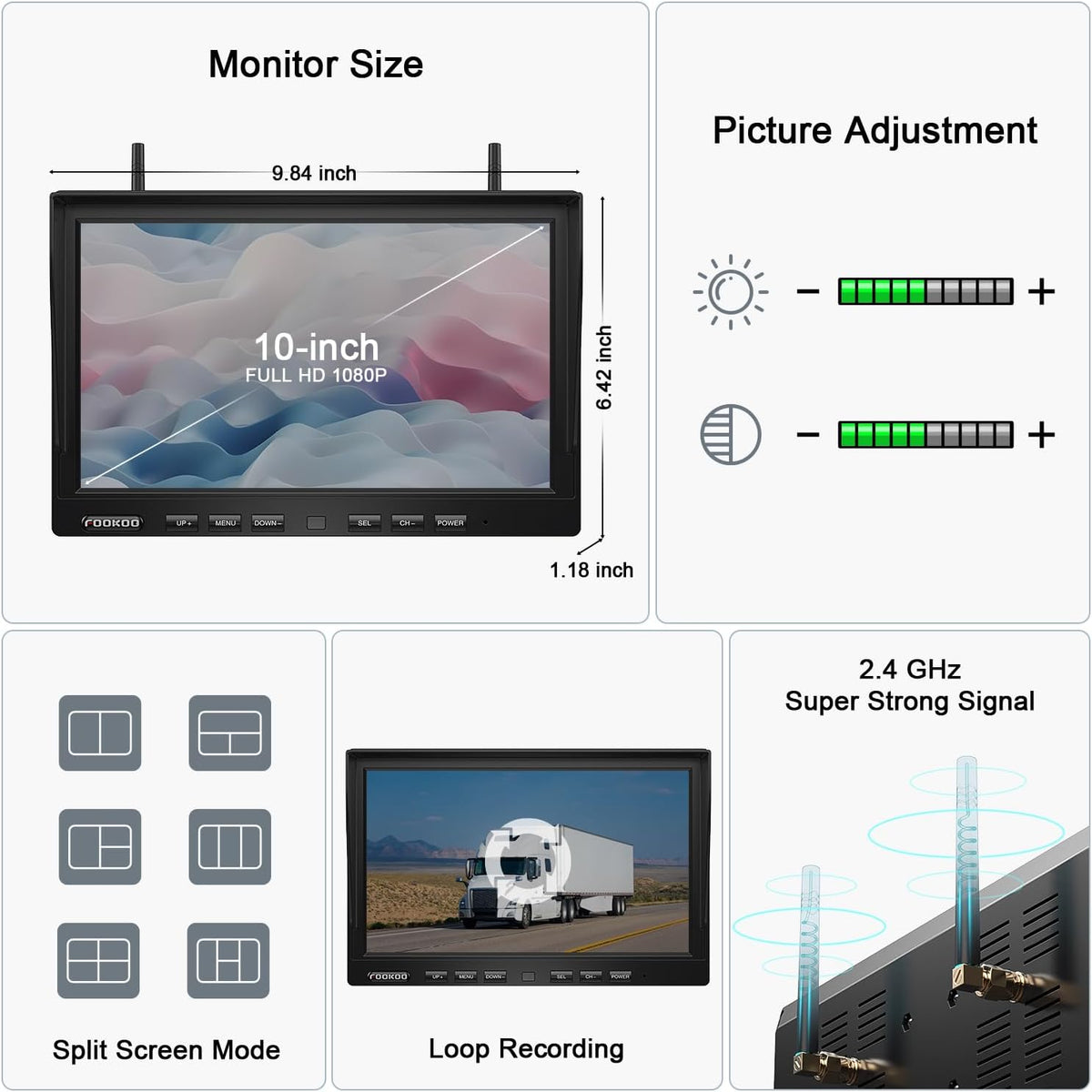 Fookoo HD 10" Magnetic Wireless Backup Camera,10" IPS Split Screen Monitor, Rechargeable 2 Side View 1 Rear View Cameras,Low Consumption 1-Min Install No Drilling Recording for Trailer Truck DCX103