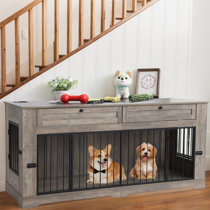 Large Dog Crate Furniture-Decorative Heavy Duty Dog Cage Indoor, Wooden Dog Cage End Table with Charging Station, Dog House with 2 Drawers (Gray, 70.86''L)