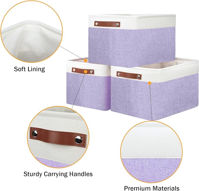 DULLEMELO Storage Baskets for Organizing, Shelves,Bedroom, Decorative Storage Bins with Leather Handles, Fabric Storage Basket for Office, Toys(3-Pack, White&Purple)