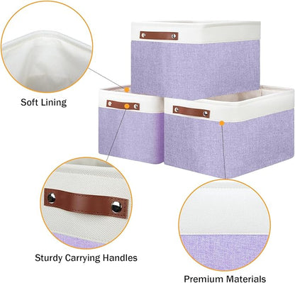 DULLEMELO Storage Baskets for Organizing, Shelves,Bedroom, Decorative Storage Bins with Leather Handles, Fabric Storage Basket for Office, Toys(3-Pack, White&Purple)