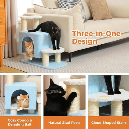 3-in-1 Cute Dog Stairs & Cat Scratching Post with Condo, Pet Steps for High Bed, Sofa, Couch, Tall Cat Tower, High-Strength Board for Indoor Small Cats Kittens Dogs Climbing Playing, 3 Steps-Blue