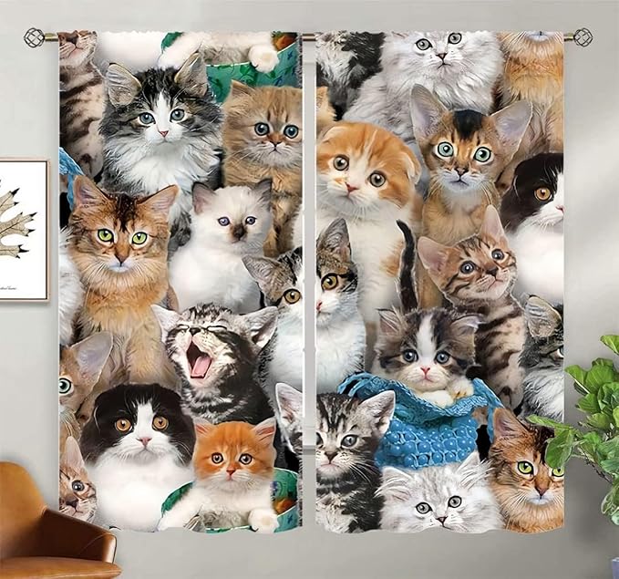 Cat Blackout Curtains Home Decor,Cute White Cat Black Kitten Funny Kitty Rod Pocket Thermal Insulated Drapes Darkening Window Curtain for Girls Boy Bedroom Living Room 42 x 63 Inch