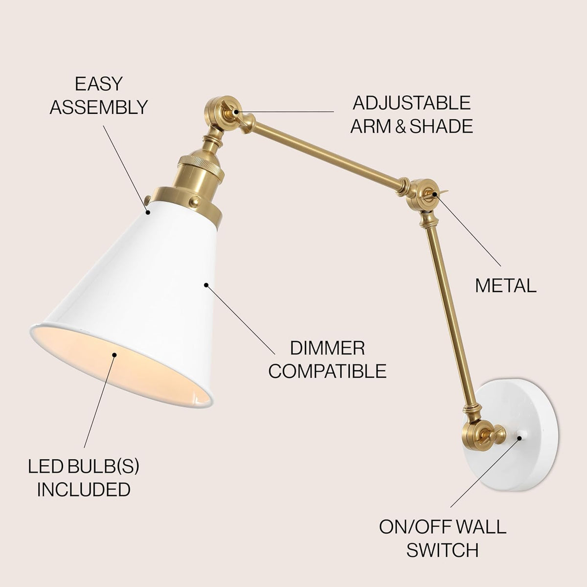 JONATHAN Y JYL7462B Rover 7" Classic Industrial Metal Adjustable Arm LED Wall Sconce, White/Brass Gold for Bedroom, Bathroom, Vanity