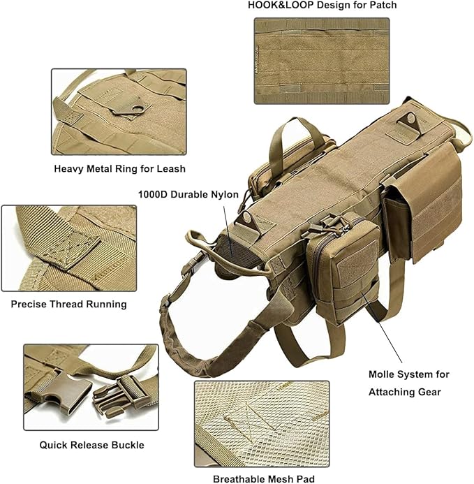 AZB Tactical Dog Vest Harness Heavy Duty Dog Harness with 3 MOLLE Bags&1 Bungee Dog Leash, Khaki