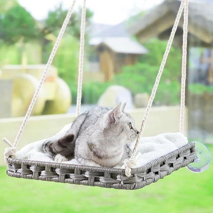 Cat Window Perch, Cat Window Hammock Bed for Indoor Cats, Large Handwoven PE Rattan Window Seat, 4 Suction Cups, Double Sided Washable Cushion Bed, 2.3 Inch Fence Shelf, for Pet Kittens Gray