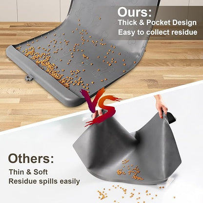 Dog Food Mat - Silicone Dog Mat for Food and Water - 28" x 20" Pet Feeding Mats with Residue Collection Pocket - Waterproof Dog Cat Bowl Mat with High Edges to Prevent Water Food Spills (Gray)