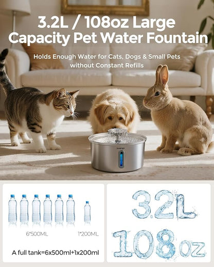 Invengo Cat Water Fountain Stainless Steel 3.2L/108oz, Automatic Pet Fountain for Cats & Dogs, Ultra Quiet <25 dB Pump, LED Water Level Window, Easy to Clean