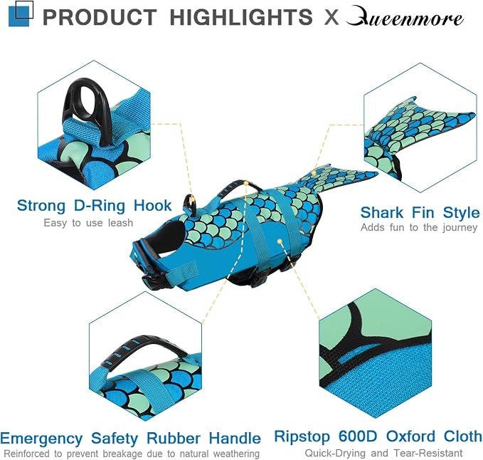 Mermaid Dog Life Jacket - Lightweight Dog Swimming Vest, High Buoyant, Blue, L