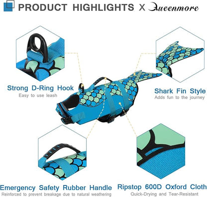 Mermaid Dog Life Jacket - Lightweight Dog Swimming Vest, High Buoyant, Blue, XL
