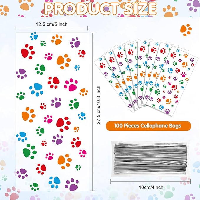 Blulu 100 Pieces Dog Treat Bags Puppy Party Favor Pet Paw Cone Cellophane Bags Candy Heat SealableDog Paw Gift with 100 Pieces Silver Twist Ties for Pet Cat Treat Party Favor(Colorful)