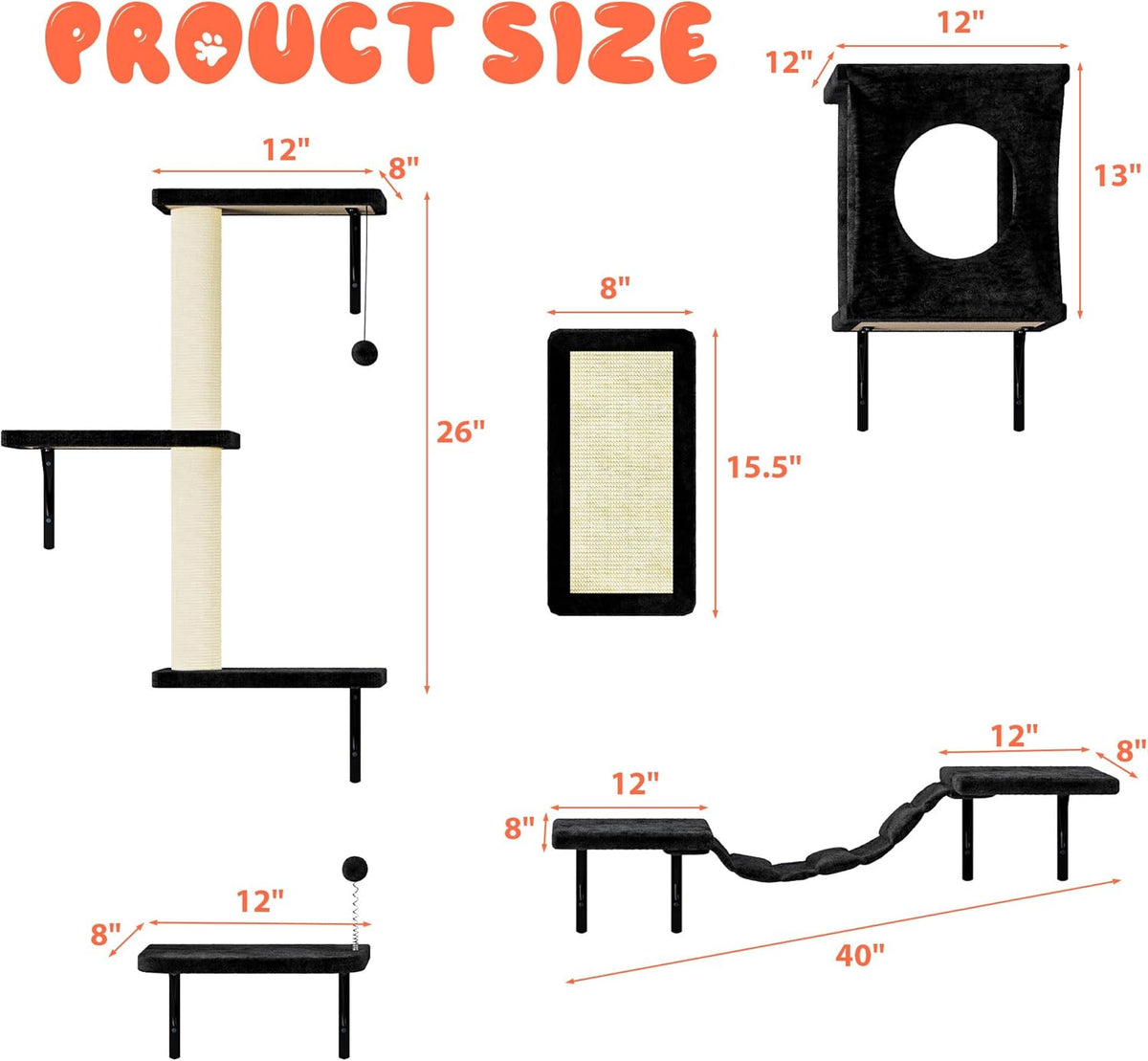 NUNU LAB Cat Wall Shelves Set, 5 Pcs Wall-Mounted Cat Climber with Cat House, Bridge, Scratching Post, Hammock, Wall Shelves, Black