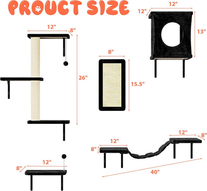 NUNU LAB Cat Wall Shelves Set, 5 Pcs Wall-Mounted Cat Climber with Cat House, Bridge, Scratching Post, Hammock, Wall Shelves, Black