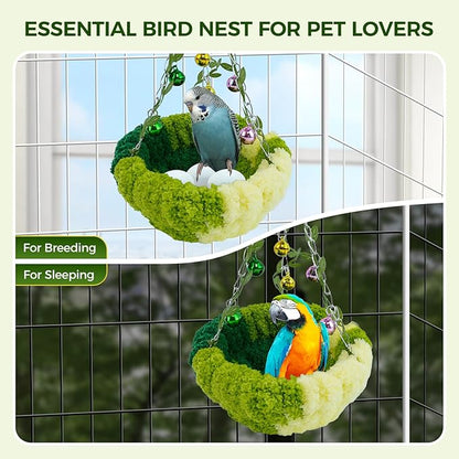 Admaison Bird Nest with Bell for Cage,Plush Hanging Bird Bed for Parakeet Indoor & Outdoor,Breeding Bird House for Conure,Budgie,Cockatiel,Lovebird,Canary,Finch,Hamster,Small Pets,Warm Nest,Green S