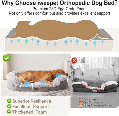 iweepet Fluffy Calming Orthopedic Dog Beds for Medium & Large Dogs, Supportive Dog Sofa Bed with 3.7 inch 28D Egg-Crate Foam, Removable Washable Plush Cover, Waterproof Lining, 41'',Grey