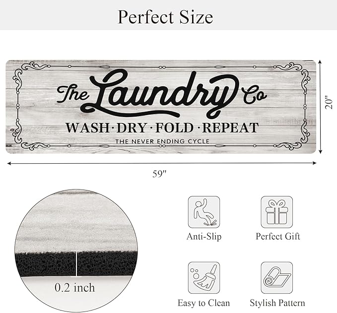 Pauwer Laundry Room Rug Runner 20"x60" Waterproof Rubber Laundry Mat Non Slip Kitchen Mats for Floor Washable Floor Mat Runner Rug for Farmhouse Mudroom Washroom Bathroom Decor