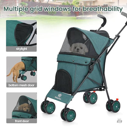 Umbrella Dog Stroller, Foldable Pet Stroller for Small Dogs Cats, 4 Wheels Pet Strolling Cart with Carrying Strap and Cup Holder, Breathable and Visible Mesh, Dog Poop Bags & Dispenser (Dark Green)