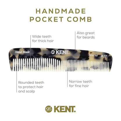 Kent R7T TW Fine and Wide Tooth Hair Comb, Handmade Pocket Comb for Men, Beard and Mustache Combs for Everyday Grooming and Styling, Sawcut Kent Combs, Made in England