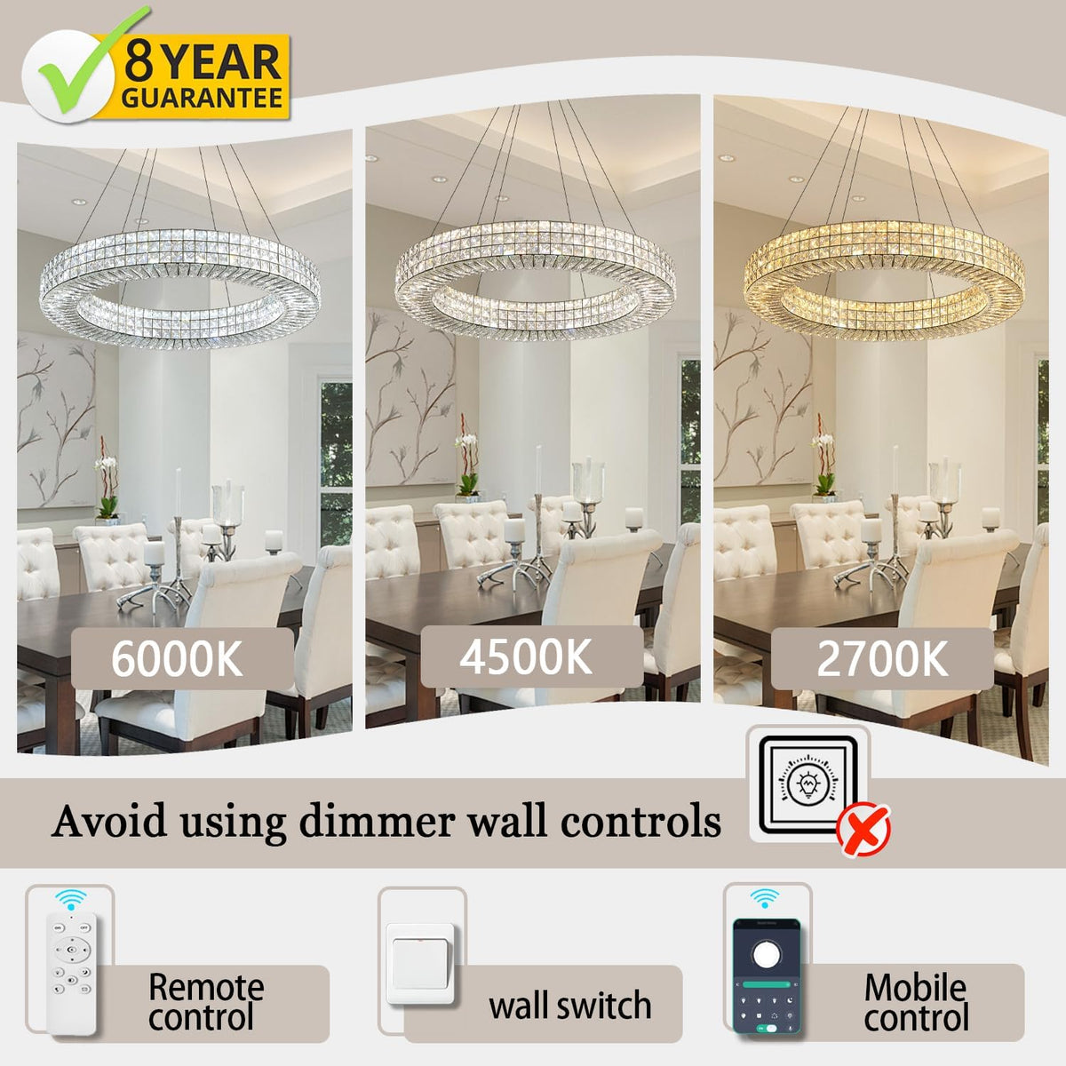 Dia 24" Modern Crystal Chandelier Black Ring Chandelier Adjustable Height Luxury Crystal Pendant Ceiling Light Fixture for Dining Living Room Bedroom