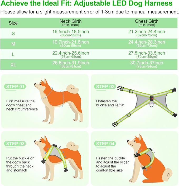 Visinite LED Dog Harness, USB Rechargeable Light Up Dog Vest, 2 Illuminate Modes Glow in The Dark Dog Harness, Adjustable Lighted Pet Harness Light for Night Walking Safety (Green, L)