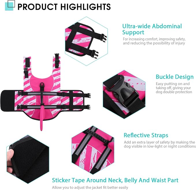 Dog Life Jacket High Flotation, Reflective Dog Life Vest for Swimming, Adjustable Dogs Life Preserver Rescue Handle Spring Summer Pool for Small, Medium, Large Dogs (Pinkwhite,L)