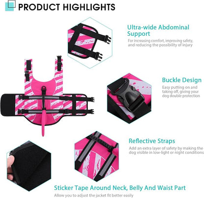 Dog Life Jacket High Flotation, Reflective Dog Life Vest for Swimming, Adjustable Dogs Life Preserver Rescue Handle Spring Summer Pool for Small, Medium, Large Dogs (Pinkwhite,L)