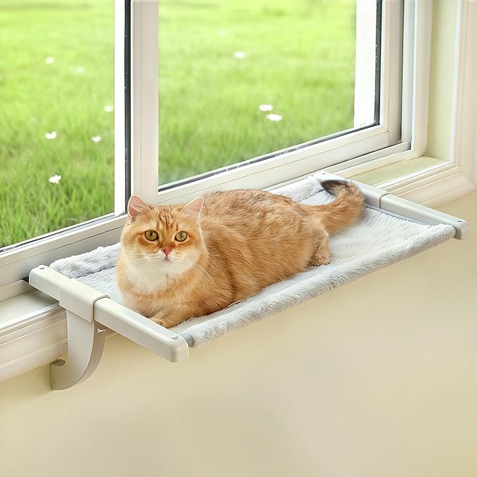 Window Sill Mount Cat Perch for Indoor Cats, One-Step Sliding Clamping Slot Adjustment Cat Hammock with Washable Cover, No Suction Cups Pet Bed for Windowsill & Bedside (XL)