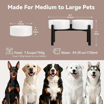 Raised Ceramic Dog Bowl Set with Stand, 7.5 Cups Elevated Dog Food Stand | 8.4'' Double Dog Food and Water Bowl Set, Non-Slip Dog Feeding Dishes for Small Breeds and Cats, 59.2 OZ, White