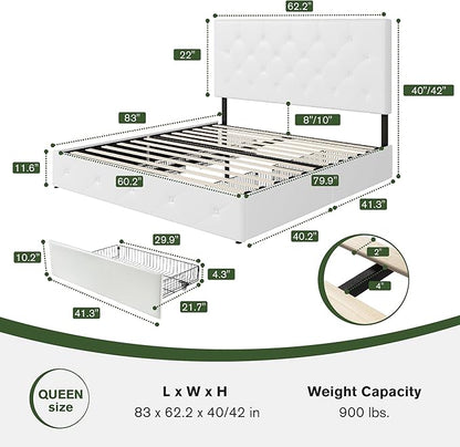 MUTICOR Queen Size Bed Frame with 4 Storage Drawers, Upholstered Platform Bed with Button Tufted Adjustable Headboard, No Box Spring Needed, Easy Assembly, Diamond Tufted, White Leather