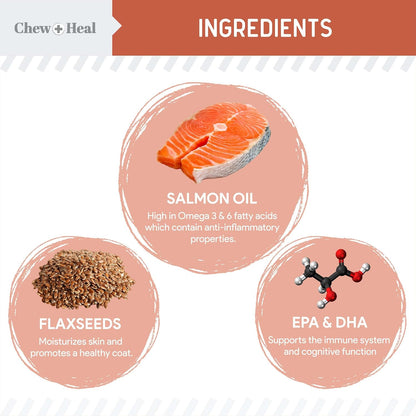 Fish Oil Omega 3 Supplements for Dogs -360 Soft Chew Treats for Skin and Coat -Salmon Oil Blend of Fatty Acids, Omega 3, 6, Vitamins, Antioxidants -Made in USA (2 Packs of 180, Salmon Flavor)