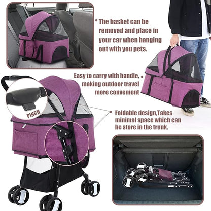 Dog Stroller 3-in-1 Folding Dog Stroller for Medium Small Dogs Pet Stroller Cat Stroller 4 Wheels with Detachable Carrier Storage Basket Waterproof Lightweight for Travel,Purple