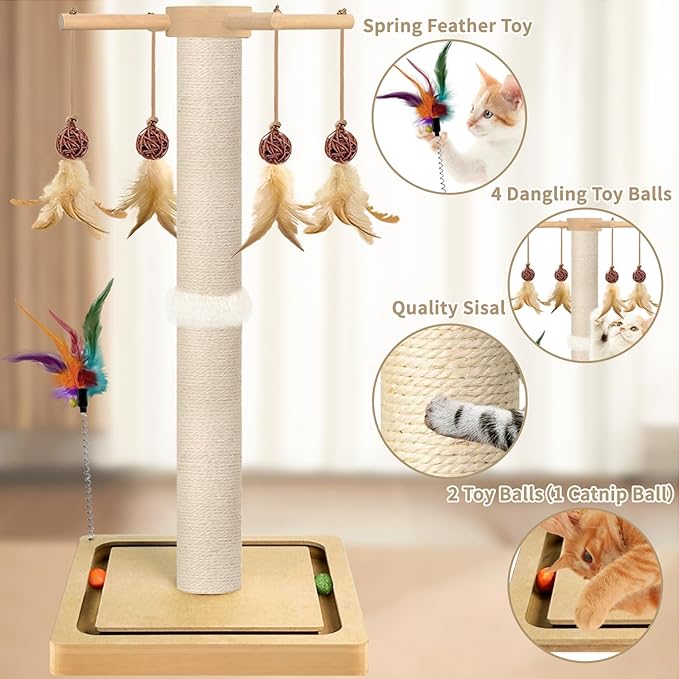 Tall Cat Scratching Post, Sisal, 33 Inches, Large Scratcher Tree Tower for Indoor Cats Adults with Hanging and Ball Track, 2 Mounting Methods Interactive Furniture Toys for All Ages