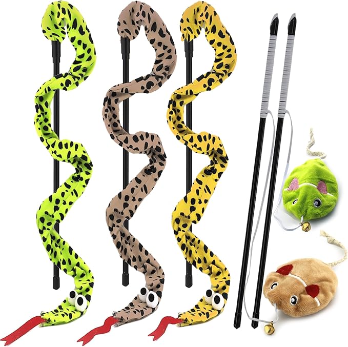 Interactive Cat Toy Wand with Catnip Mouse, Cat Teaser Wand Rainbow String for Bored Indoor Adult Cats and Kittens (5 Pack)