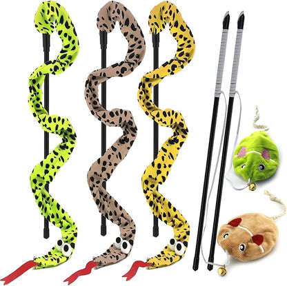 Interactive Cat Toy Wand with Catnip Mouse, Cat Teaser Wand Rainbow String for Bored Indoor Adult Cats and Kittens (5 Pack)